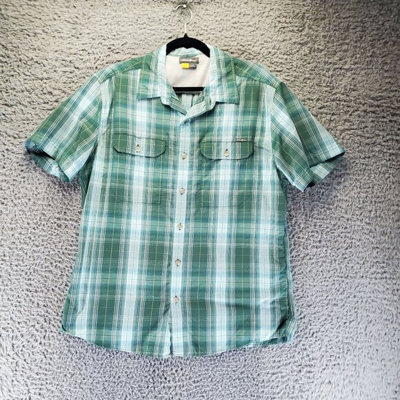 Eddie Bauer Shirt Mens Large Green Plaid Short Sleeve Button Front Nylon/Polyest - Picture 1 of 8